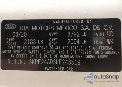 2020 Kia Forte Lxs from USA, damaged, VIN 3KPF24AD3LE243519